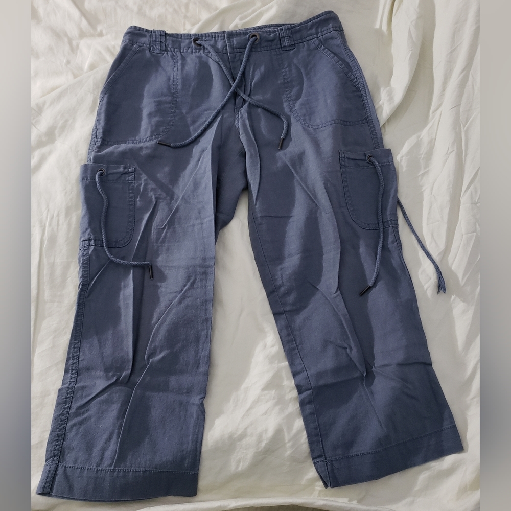 Old Navy Slate Blue Gray Linen Cotton Cargo Capris